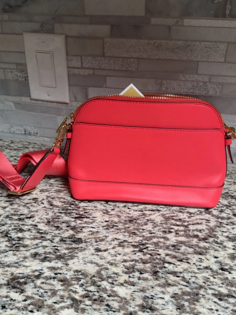 Michael Kors Coral-Red Logo Crossbody Bag with Gold Hardware